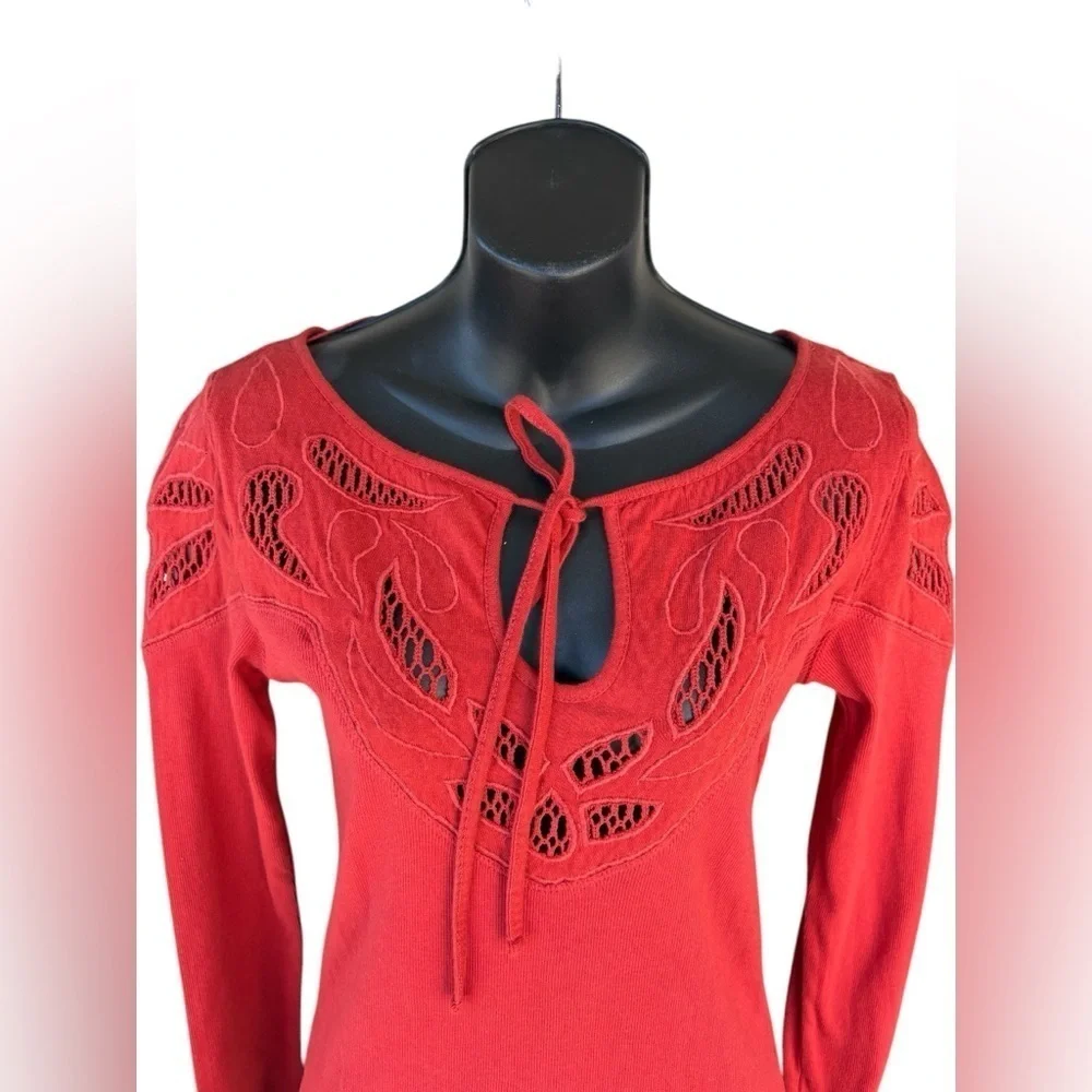 Free People womens Red/Orange crochet Embroidered Yoke Stretch Cotton tee top